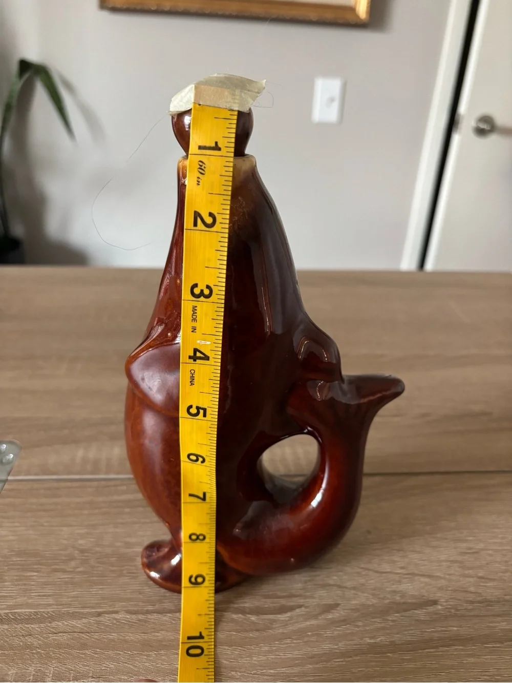 Vintage Handmade Brown Ceramic Fish Decanter with Stopper